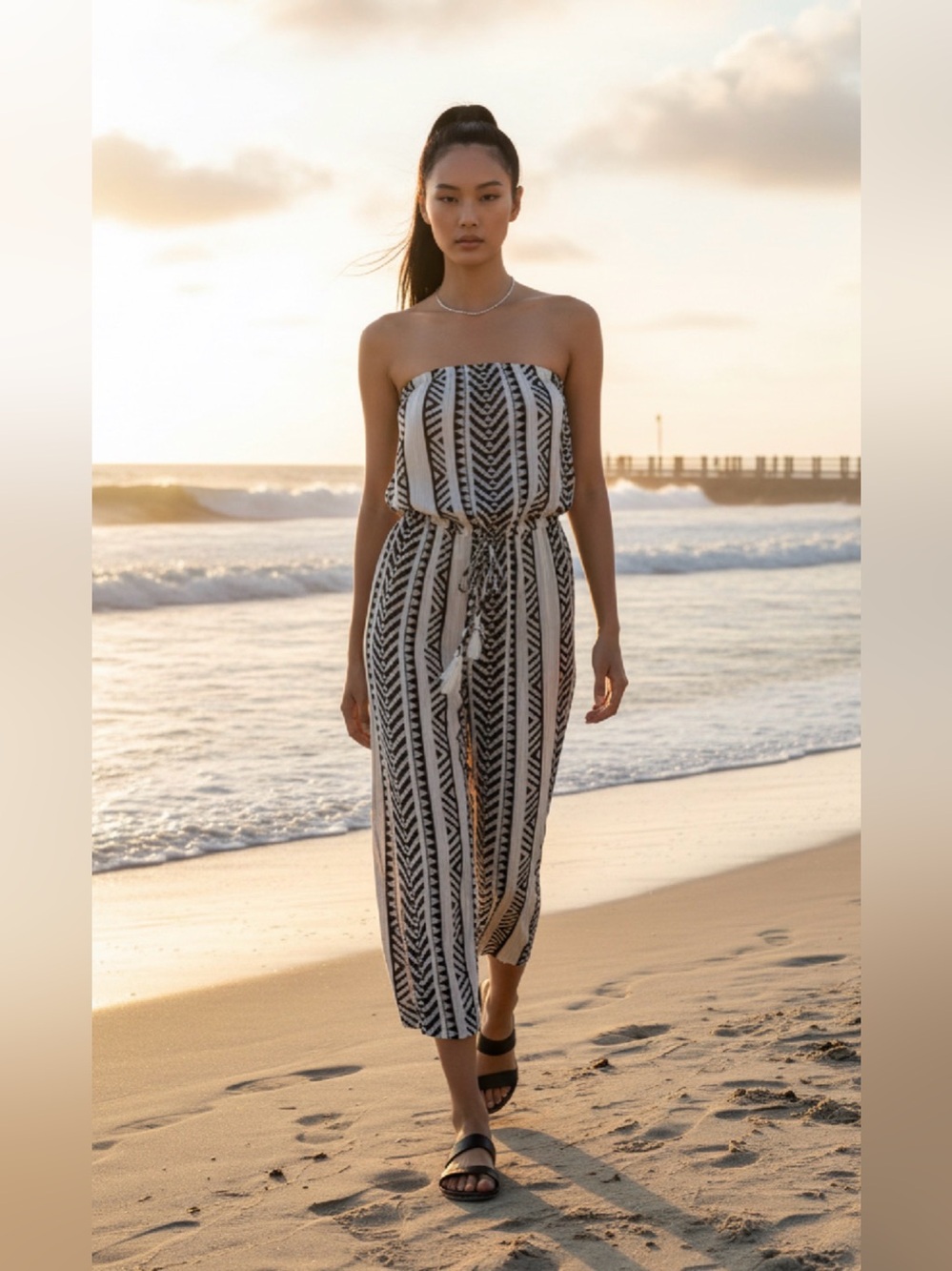 OCEAN TROPICS Striped Black & White Strapless Cropped Jumpsuit